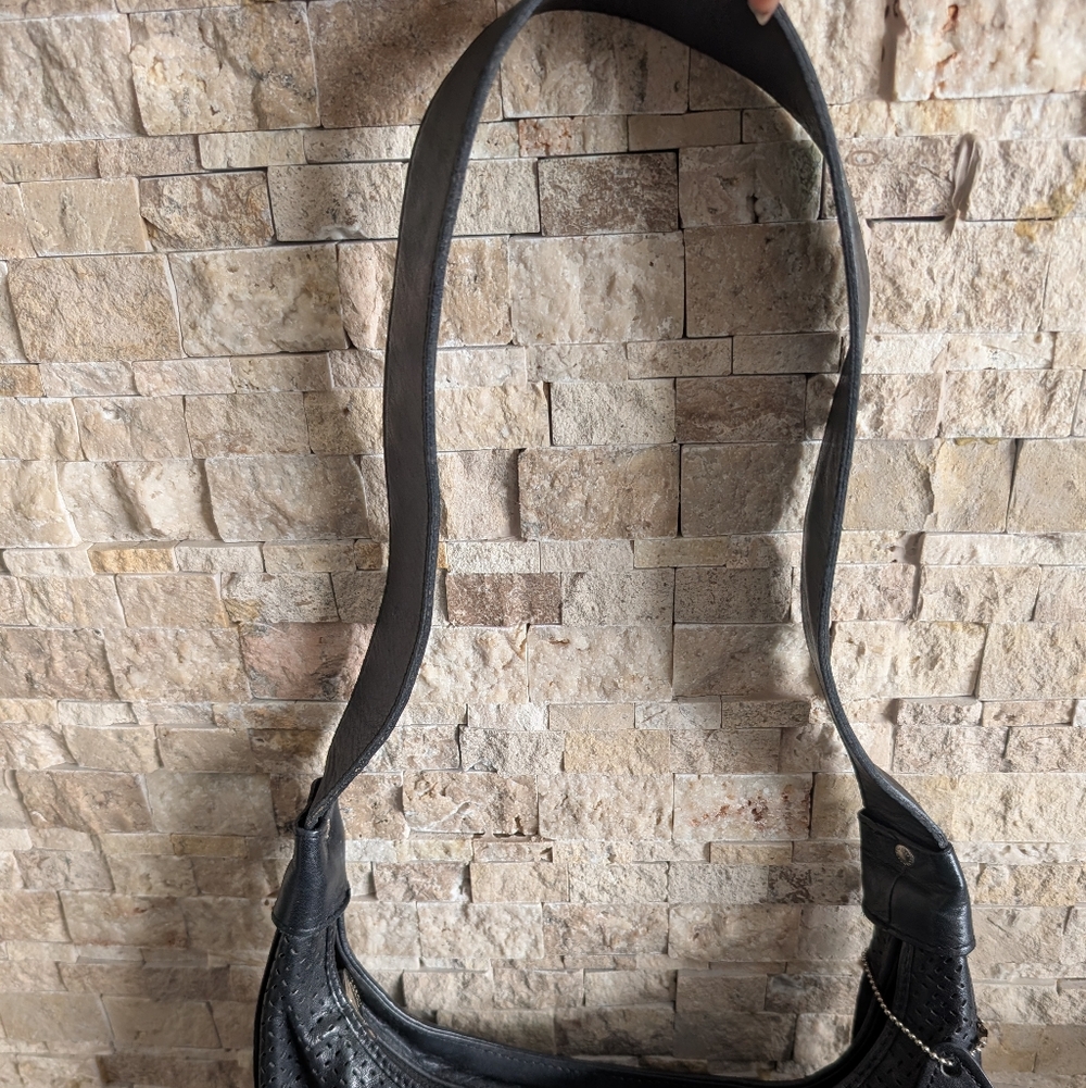 Vintage Made In Italy Perforated Genuine Leather Black Hobo Shoulder Bag Minimal image 6